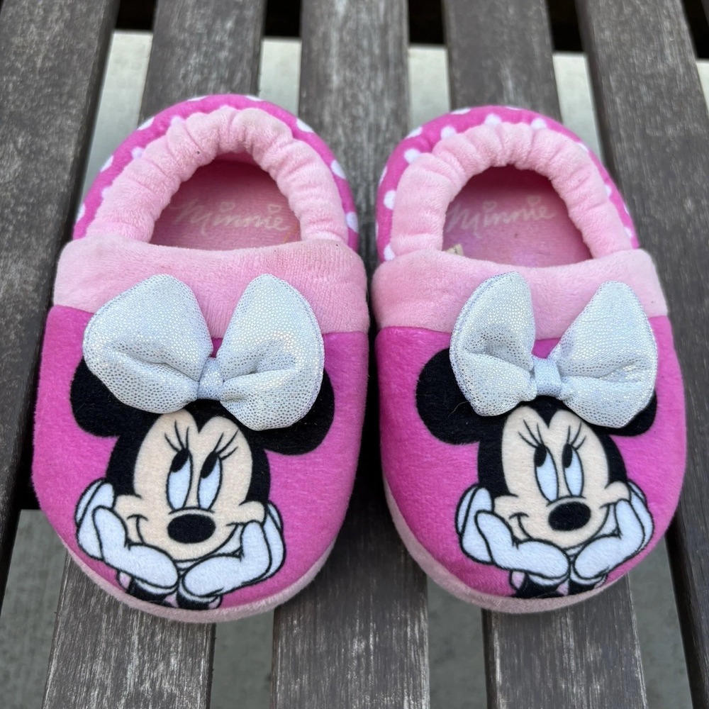 Disney Kids 5-6 Pink Minnie Mouse Slippers Polka Dot Bow Plush House Shoes Cozy